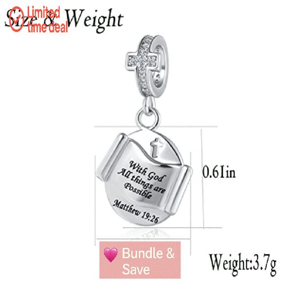 Christian Bible Charm Bead for Pandora Bracelets, Copper Religious Jewelry - Picture 3 of 8